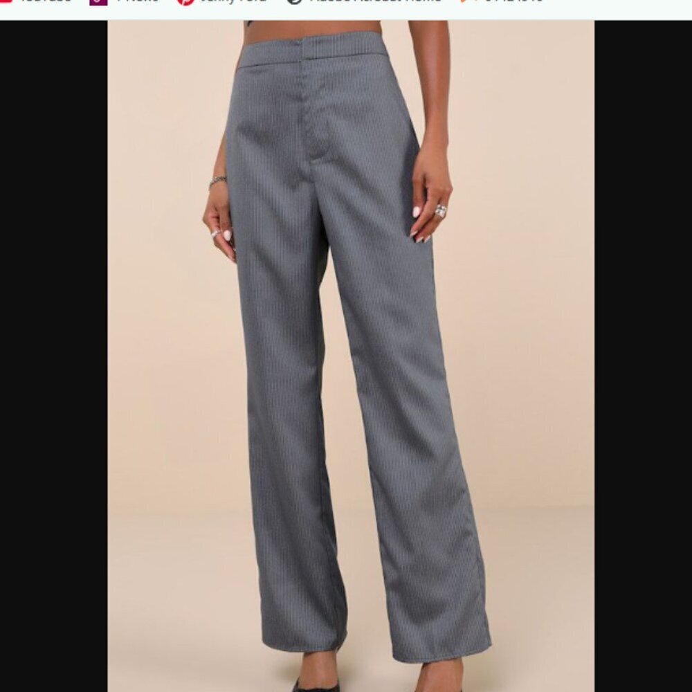 Lulus Chic Muse Gray Pinstripe High Rise Straight Leg Trousers Work Pants M